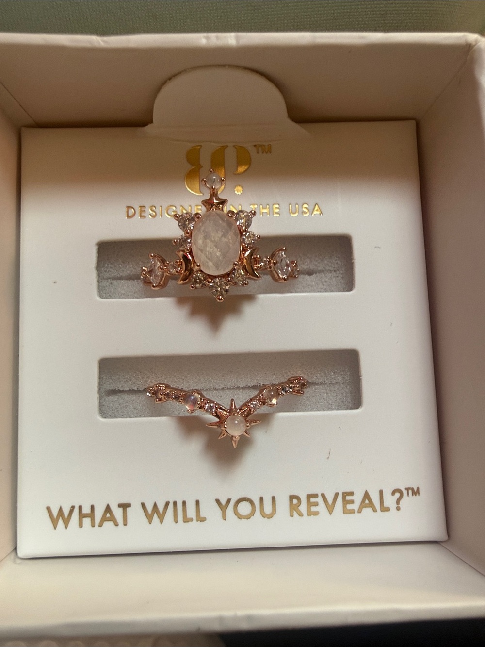 Rose Gold Moonstone Crown & Chevron Ring Set